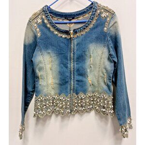 Tesoro Moda Jean Jacket Womens Medium Blue Beaded Distressed Western BOHO New